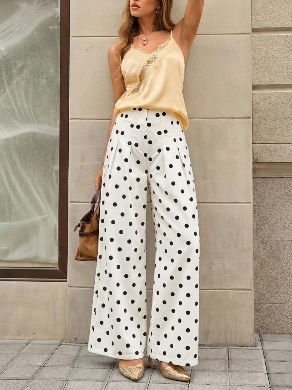 Beige Casual Women's Polka Dot Pattern Pleated Wide Leg Loose Denim Pants - Picture 4 of 8
